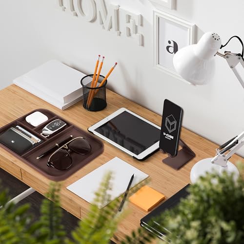 V-CUBE Designs Premium Vegan Leather Valet Tray|Stylish & Modern Office Desk Tray| Table/Bedside/Entryway Organiser for everyday essentials like Keys, Phone, Watch, Wallet, Jewellery|Spill-Proof|Brown - Image 3