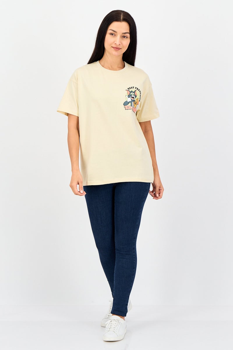 Disney Tom And Jerry Women Crew Neck Short Sleeve Graphic Print T-Shirt, Beige - Image 4
