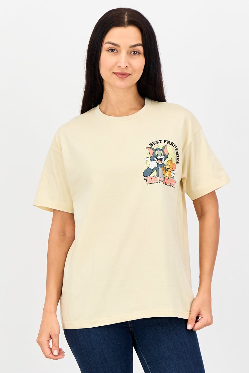 Disney Tom And Jerry Women Crew Neck Short Sleeve Graphic Print T-Shirt, Beige - Image 1