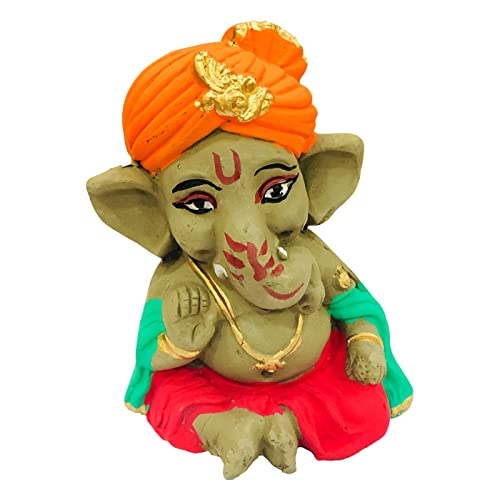 SHOPMEFAST Eco Friendly Handcrafted Clay/Mud Ganpati Murti Biodegradable Kacchi Mitti Ganesha Water Soluble Ganesh Idol for Ganpati Visarjan (H:4 Inch.Small) - Image 1