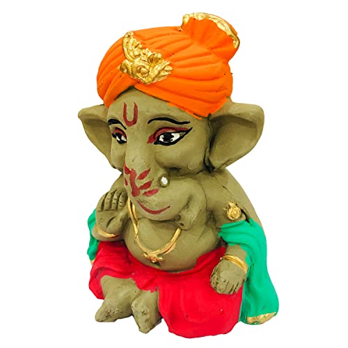 SHOPMEFAST Eco Friendly Handcrafted Clay/Mud Ganpati Murti Biodegradable Kacchi Mitti Ganesha Water Soluble Ganesh Idol for Ganpati Visarjan (H:4 Inch.Small) - Image 2