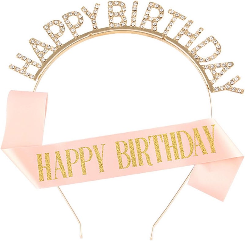 MsAnya Rose Gold Birthday Crown and Sash Set for Women - Tiara and Headband with Rhinestones - Image 1
