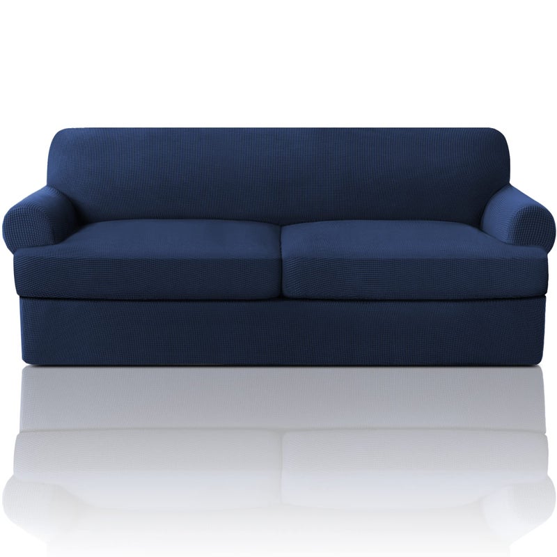 غطاء أريكة من PrinceDeco بتصميم T Cushion مكون من 3 قطع لأريكة بتصميم T Cushion غطاء أريكة ناعم أغطية أثاث مع 2 غطاء مقعد T فردي بعرض يصل إلى 90 أزرق داكن