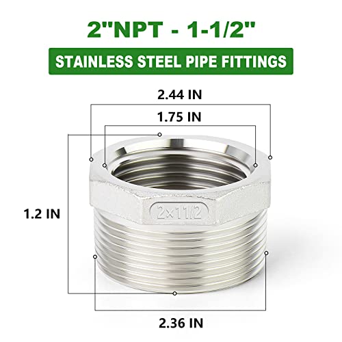 TAISHER 2PCS 304 Stainless Steel Reducer Hex Bushing, 2" NPT Male x 1-1/2" NPT Female, Reducing Pipe Adapter Fitting - Image 2