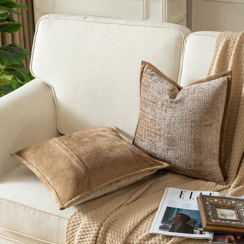 Yaertun Pack of 2 Chenille Textured Decorative Throw Pillow Covers Accent Solid Cushion Cover Soft Cozy Pillow Case with Velvet Back for Couch Sofa Bed Living Room 18x18 Inch Camel - Image 2