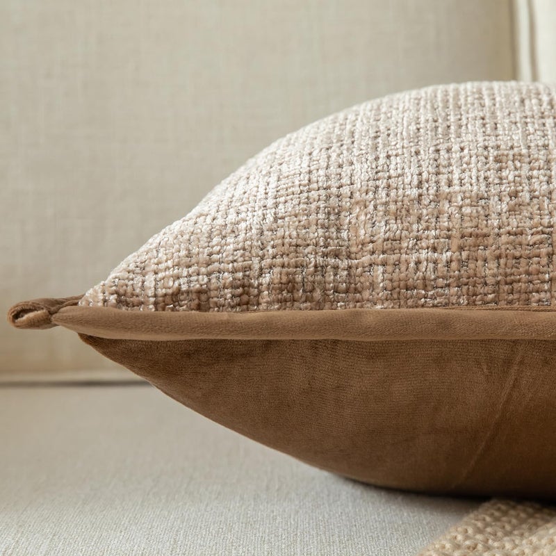 Yaertun Pack of 2 Chenille Textured Decorative Throw Pillow Covers Accent Solid Cushion Cover Soft Cozy Pillow Case with Velvet Back for Couch Sofa Bed Living Room 18x18 Inch Camel - Image 5