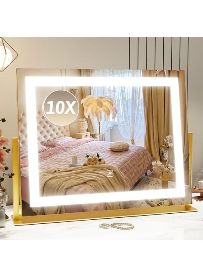 ROLOVE Vanity Mirror with Lights 22x18 Lighted Makeup Mirror with 10X Magnification Smart Touch 3 Colors Dimmable 360 Rotation Women Gift Dresser Mount Bathroom Gold - Image 1