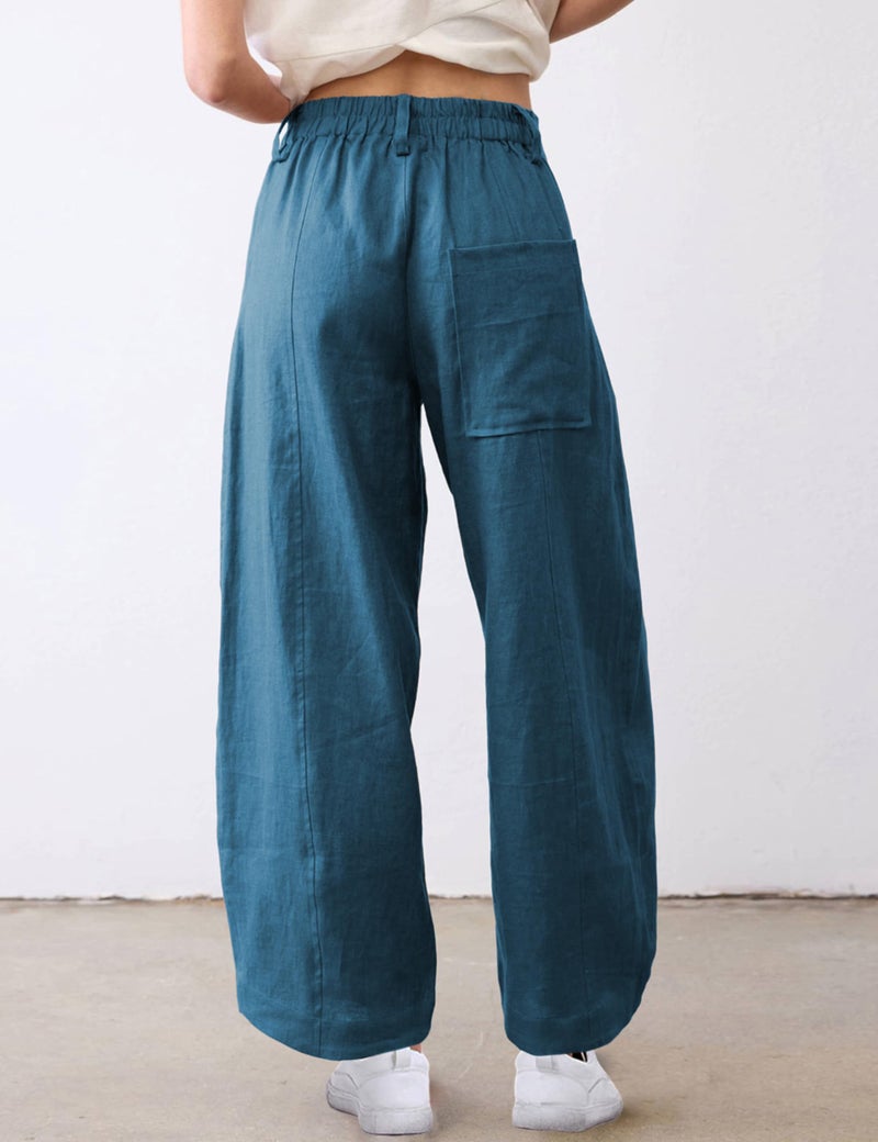 Tanming Womens Linen Pants Casual Capri Baggy Wide Leg Trousers Palazzo Pants Beach Vacation Outfits (Blue-S) - Image 3