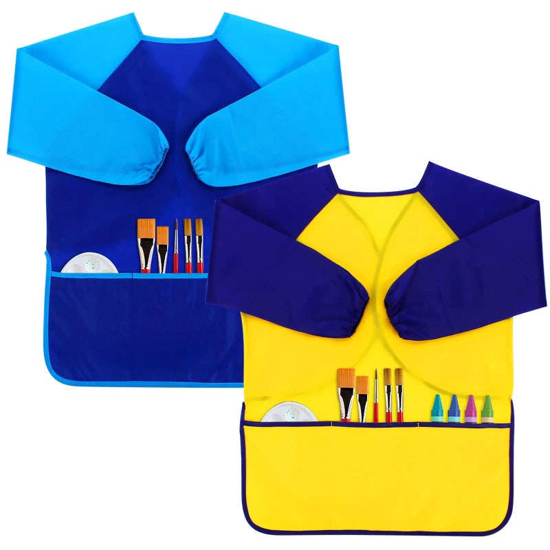 CUBACO Kids Painting Apron, 2 Packs Waterproof Art Smocks For Child 3-8 Years, Children Artist Apron with Long Sleeve and 3 Pockets - Image 1