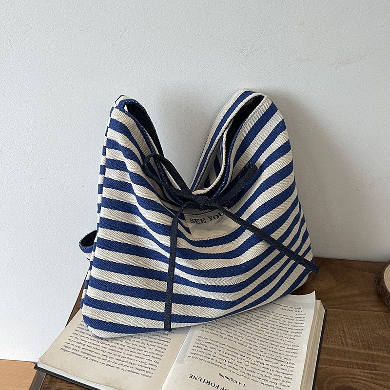 Casual Large Capacity Striped Canvas Bag Women'S Summer Commuter All-Match Crossbody Bag Shoulder Tote Bag - Image 1