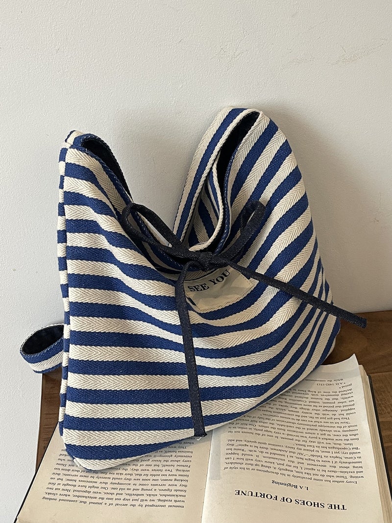 Casual Large Capacity Striped Canvas Bag Women'S Summer Commuter All-Match Crossbody Bag Shoulder Tote Bag - Image 2