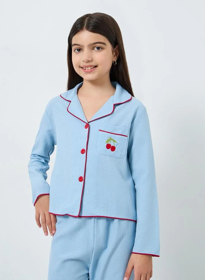 Take Two Take Two Blue Cherry Embroidered Shirt and Pyjama Set