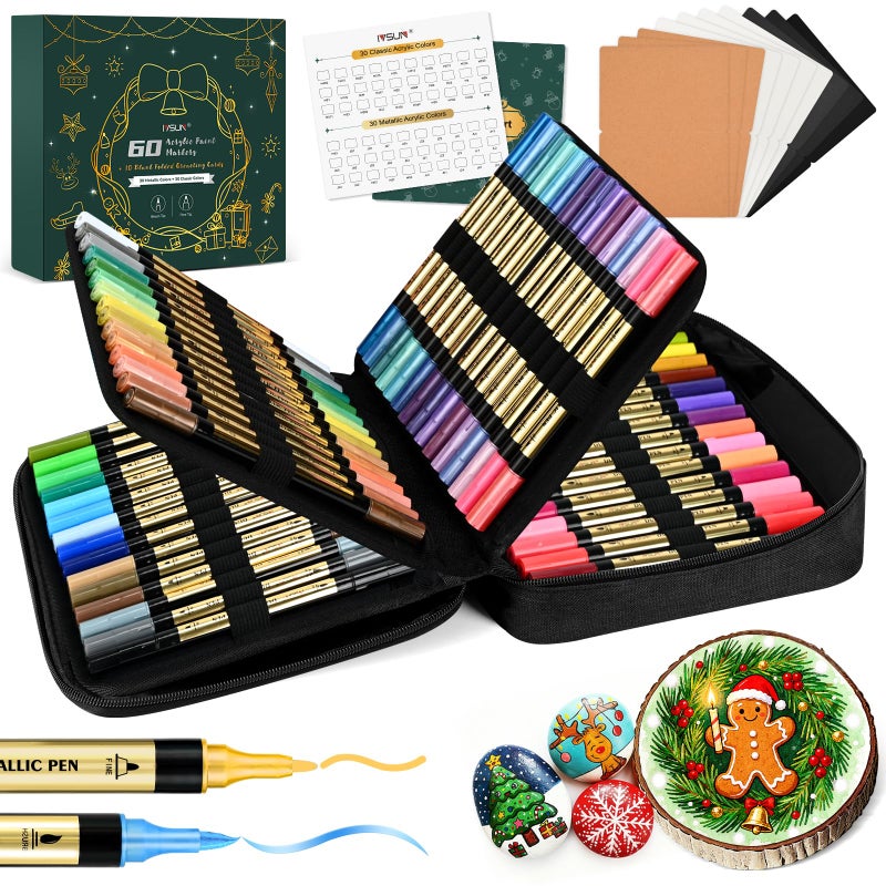 IVSUN Metallic Marker Pens, 30 Metallic & 30 Regular Colors Dual Tip Acrylic Paint Pens for Black Paper, Photo Album, Rock Painting, Wood, Card Making, DIY Crafts, Scrapbook Supplies - Image 1