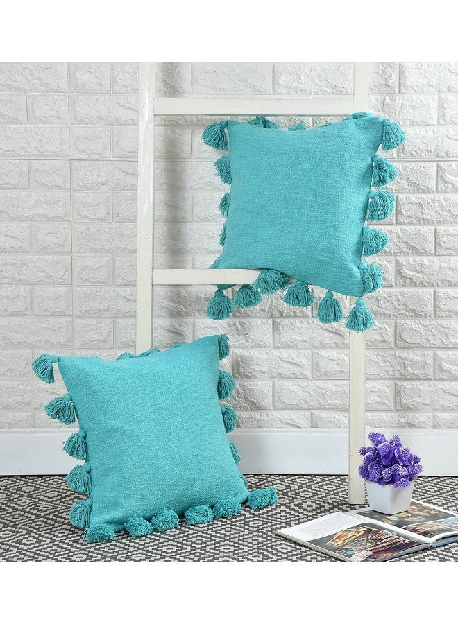HOMADORN HOMADORN Luxury Cotton Handmade Decorative Boho Throw Pillow Covers with Tassels 16"X16" for Decorative Sofa Couch Living Room Indoor Outdoor Chair Car Farmhouse (Turquoise, 1) - Image 2