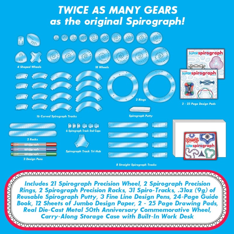 Spirograph Super 50th Anniversary Set –Arts and Crafts, Kids Toys, Art Supplies, Craft Supplies, Drawing Kit, Spiral Art, Classic Gear Design Kit, Case, Pens, Design Sheet Included, Ages 8+ - Image 2
