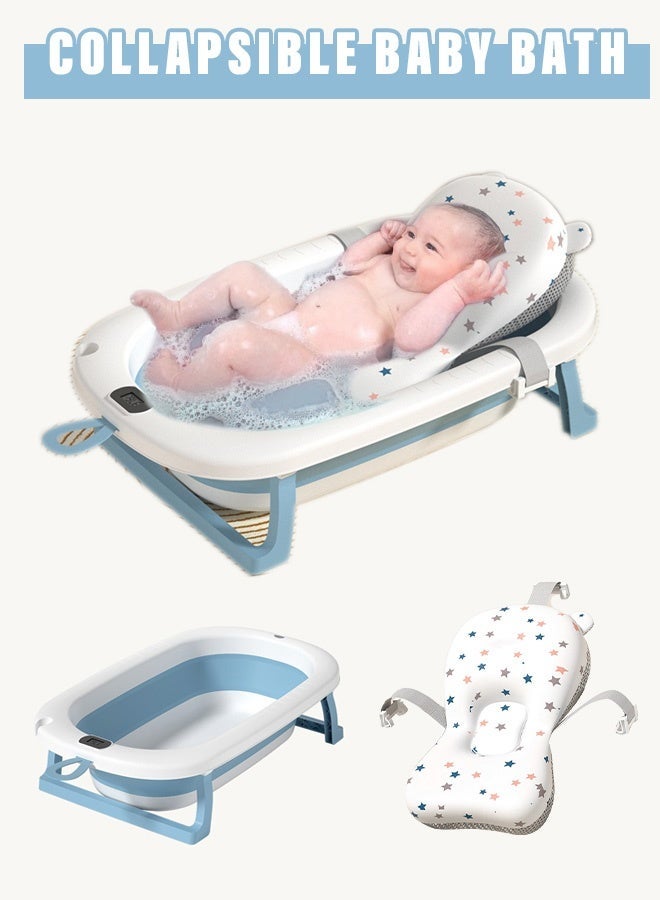 Joudiplay Foldable baby bath tub with cushioning pad, temperature-sensing function, wall-mounting capability and non-slip support legs, suitable for newborns, toddlers and infants. Blue model. - Image 2