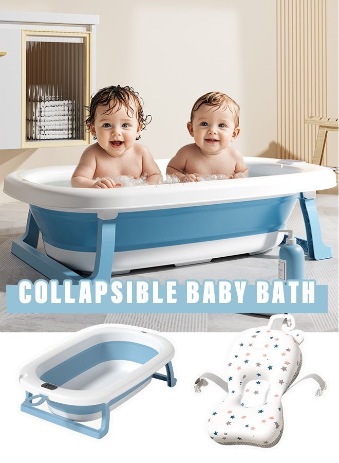 Joudiplay Foldable baby bath tub with cushioning pad, temperature-sensing function, wall-mounting capability and non-slip support legs, suitable for newborns, toddlers and infants. Blue model. - Image 1