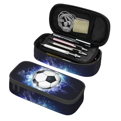 YIJIUWKIS Boys Pencil Pouch with Soccer Ball, Sports Pencil Case Pencil Box for Kids, Big Capacity Black Blue Pencil Holder Pen Bag Storage Organizer Stationery Bag with Zippers - Image 1