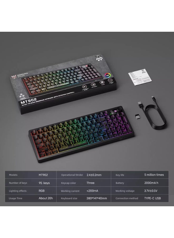 onikuma MT902 Silent Wireless Gaming Keyboard – 3-Mode Bluetooth 5.0, 2.4GHz & USB-C Rechargeable Keyboard with Volume Knob, RGB Backlight & 95-Key Compact Layout (counterline black) - Image 3