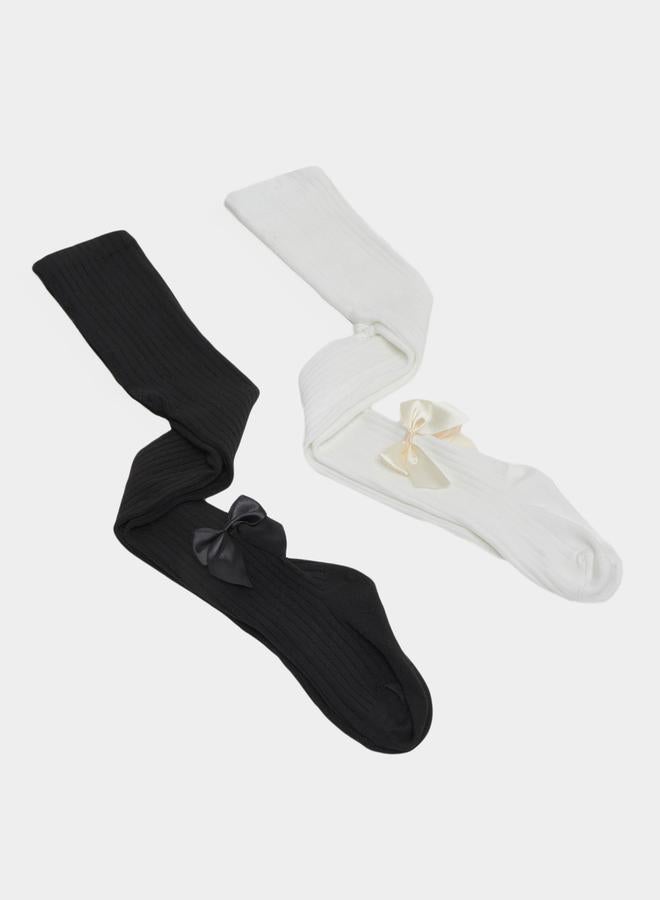 Styli 2pcs Bow Applique Solid Rib Knit Tight  - Image 1
