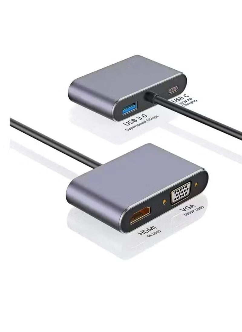 Multifunctional USB C to HDMI and VGA Adapter, 4 Ports in 1: Supports fast charging and data transfer via USB 3.0, 4K HDMI and 1080p VGA outputs, ideal for connecting laptops, mobiles, tablets, and MacBooks to monitors and projectors, suitable for work, study, and travel