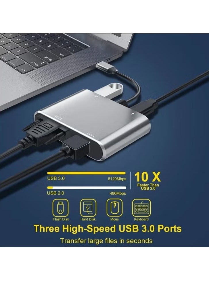 Multifunctional USB C to HDMI and VGA Adapter, 4 Ports in 1: Supports fast charging and data transfer via USB 3.0, 4K HDMI and 1080p VGA outputs, ideal for connecting laptops, mobiles, tablets, and MacBooks to monitors and projectors, suitable for work, study, and travel