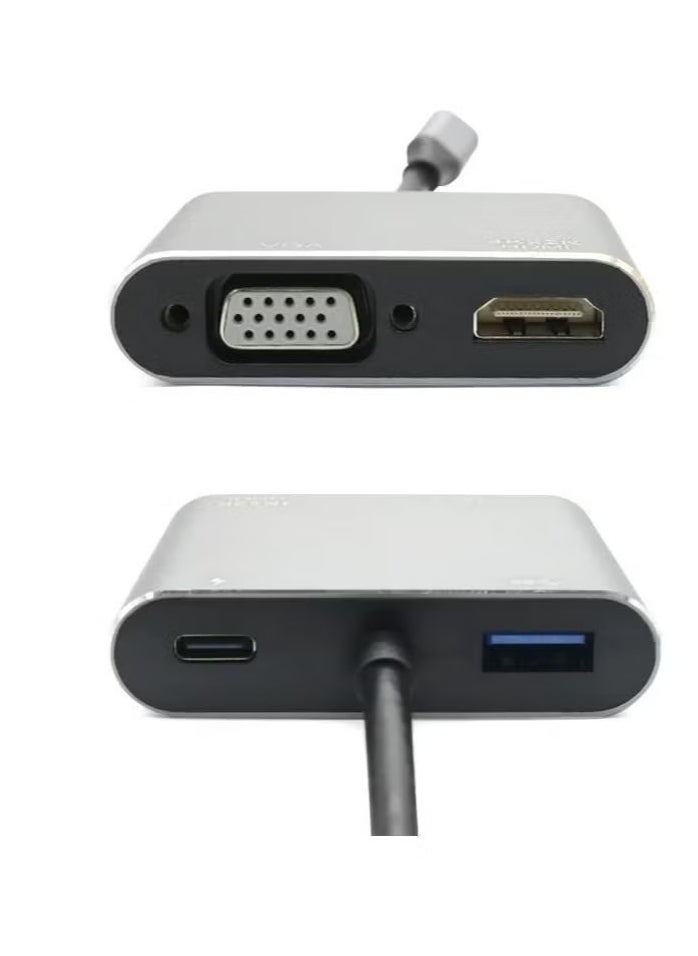 Multifunctional USB C to HDMI and VGA Adapter, 4 Ports in 1: Supports fast charging and data transfer via USB 3.0, 4K HDMI and 1080p VGA outputs, ideal for connecting laptops, mobiles, tablets, and MacBooks to monitors and projectors, suitable for work, study, and travel