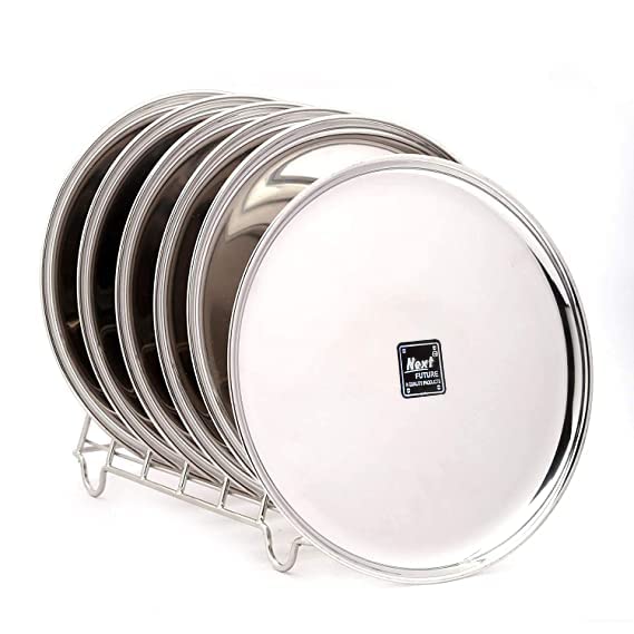 Next Future Stainless Steel Large Full Breakfast Lunch Dinner Plates with Mirror Polish Heavy Gauge Round Full China Plate Set of 6 Diameter 11 Inches 28 cms Full Plate 11 Inches - Image 1
