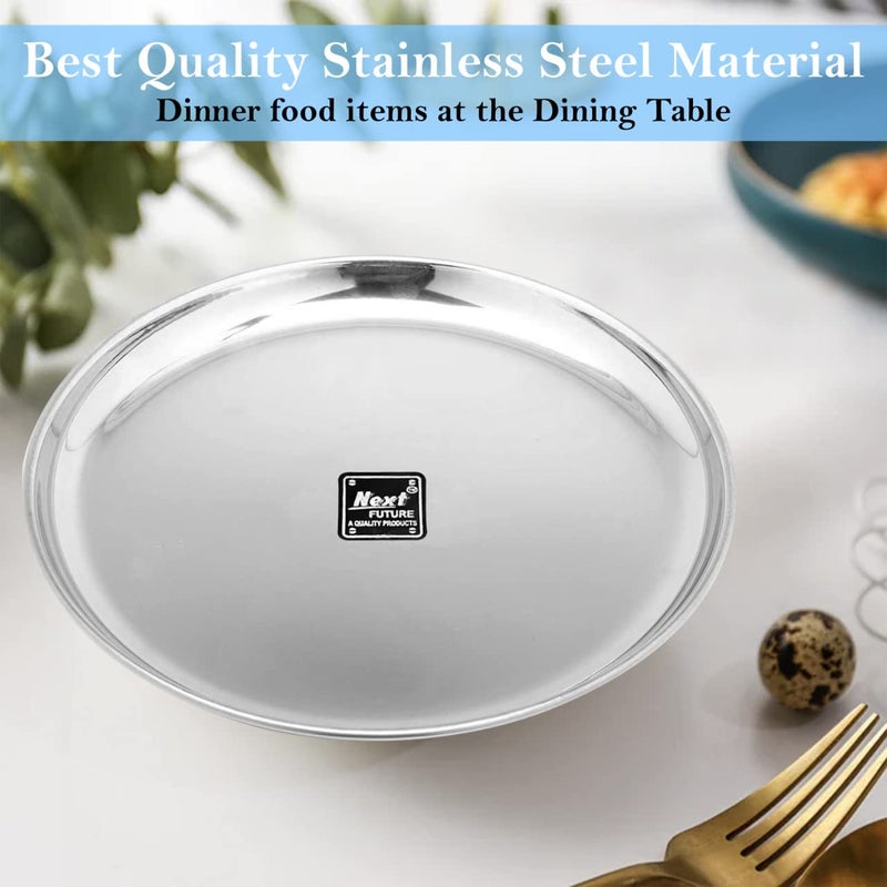 Next Future Stainless Steel Large Full Breakfast Lunch Dinner Plates with Mirror Polish Heavy Gauge Round Full China Plate Set of 6 Diameter 11 Inches 28 cms Full Plate 11 Inches - Image 4