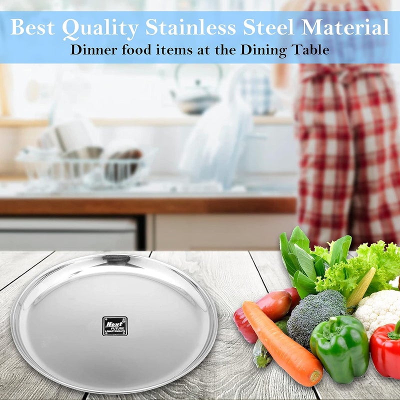 Next Future Stainless Steel Large Full Breakfast Lunch Dinner Plates with Mirror Polish Heavy Gauge Round Full China Plate Set of 6 Diameter 11 Inches 28 cms Full Plate 11 Inches - Image 5