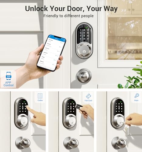 Veise RZ06C Smart Locks for Front Door, 2 Knob Handle Set, Keyless Entry Deadbolt, App Control, Electronic Touchscreen Digital Keypad, Auto Lock, Easy Installation, IP54 Waterproof, Satin Nickel - Image 2
