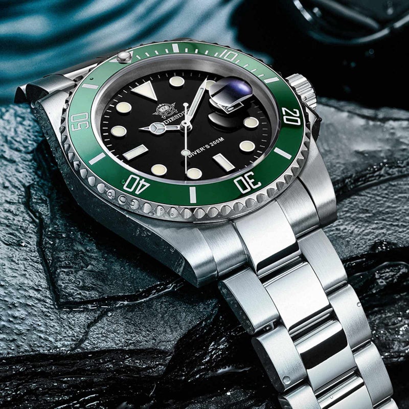 ADDIESDIVE ساعة كواتز ستيل للغوص للرجال 200 م بقرص أسود وحافة خضراء بتصميم فريد مضيء - Image 3