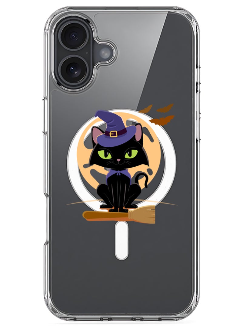 Theodor iPhone 16 Plus Magsafe Magnetic Case for iPhone Compatible with Wireless Charging, Shockproof Phone Bumper Cover - Cat Halloween with broom - Image 1