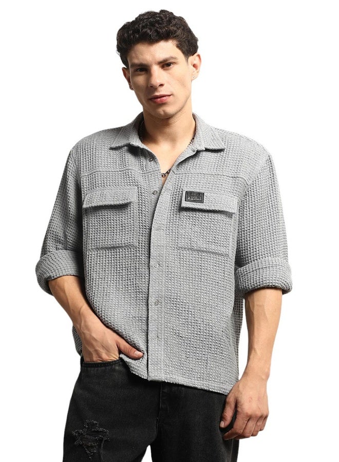 Hubberholme Men's Grey Cotton Blend Solid Pattern Button Down Oversized Shirt - Image 1