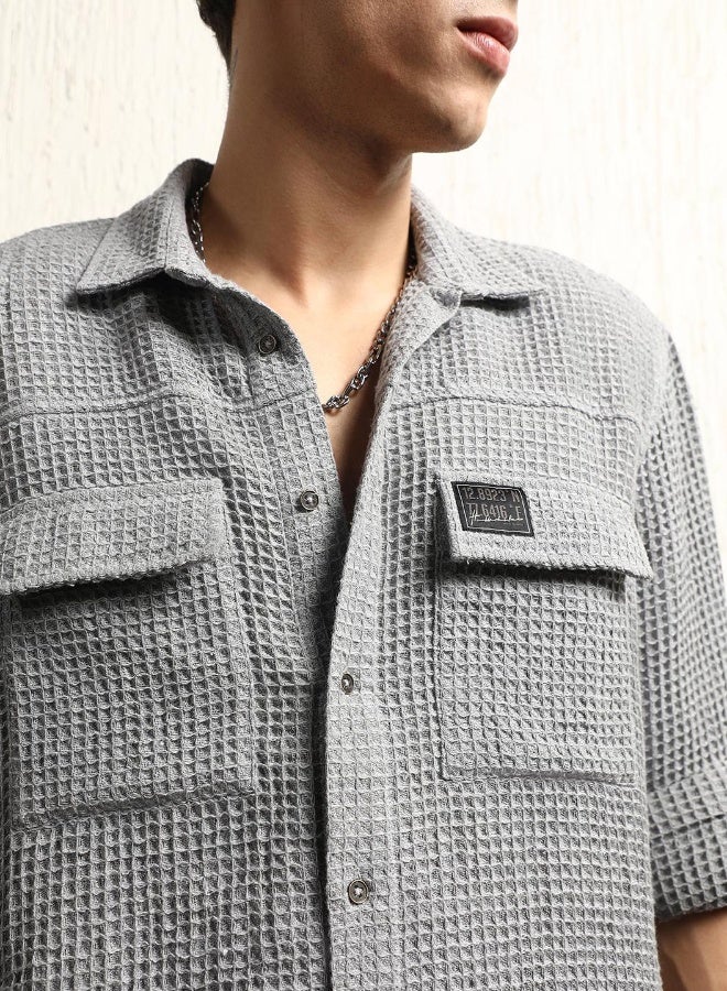 Hubberholme Men's Grey Cotton Blend Solid Pattern Button Down Oversized Shirt - Image 2