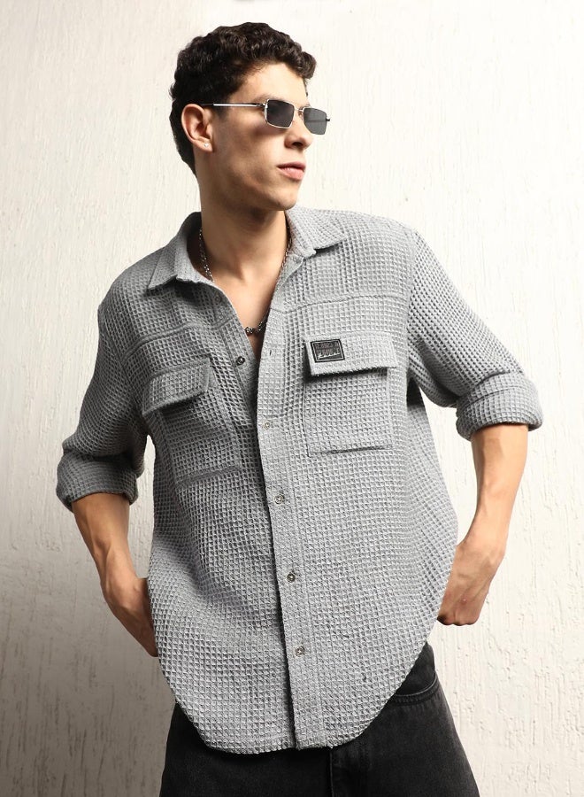 Hubberholme Men's Grey Cotton Blend Solid Pattern Button Down Oversized Shirt - Image 5