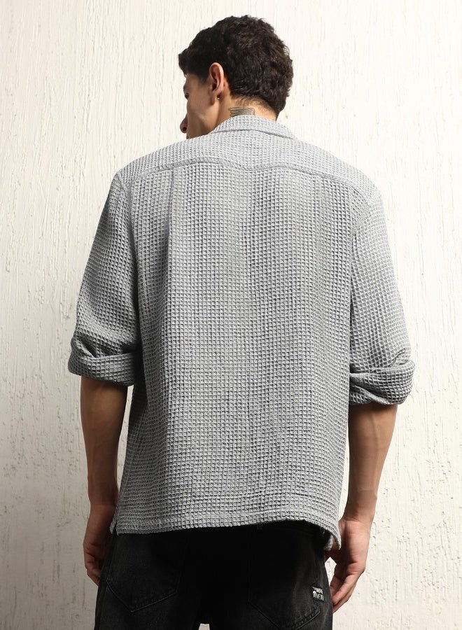 Hubberholme Men's Grey Cotton Blend Solid Pattern Button Down Oversized Shirt - Image 3