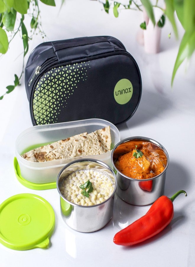 uninox Sabke Liye Stainless Steel Lunch Box with 2 Leak-Proof Containers, 1 Plastic Chapati Tray & Fabric Carry Bag | Office, School & Travel Tiffin | BPA-Free & Durable | Multipurpose | Green - Image 2