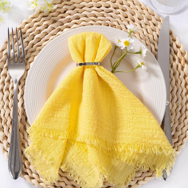 MLMC 10 Pack Yellow Linen Napkins Boho Washable Cloth Napkins with Fringe Reusable Rustic Gauze Dinner Table Decor 1717 for Wedding Party Bridal Baby Shower Spring Decor - Image 1