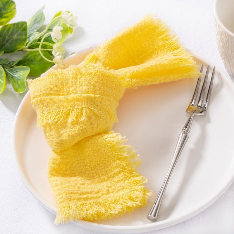 MLMC 10 Pack Yellow Linen Napkins Boho Washable Cloth Napkins with Fringe Reusable Rustic Gauze Dinner Table Decor 1717 for Wedding Party Bridal Baby Shower Spring Decor - Image 3