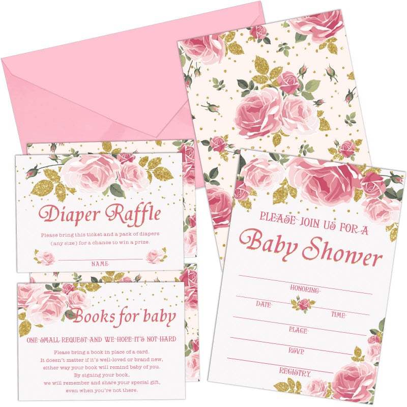 Marspark Set of 25 Pink Floral Baby Shower Invitations Diaper Raffle Tickets and Baby Shower Invitation Cards with Envelope Party Supplies for Sweet Girl