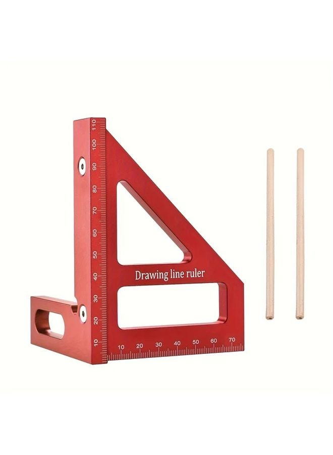 Red Square Ruler With 2 Pencils Aluminum Alloy Triangle Woodworking Angle Tool - Image 1