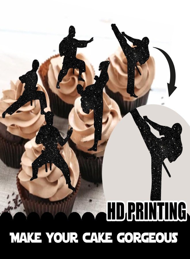 LETLIMIT 18pcs Black Glitter Silhouette Dessert Cupcake Topper Taekwondo Fitness Sports Theme Decor Supplies Men Boys Happy Birthday Anniversary Party Decorations - Image 3