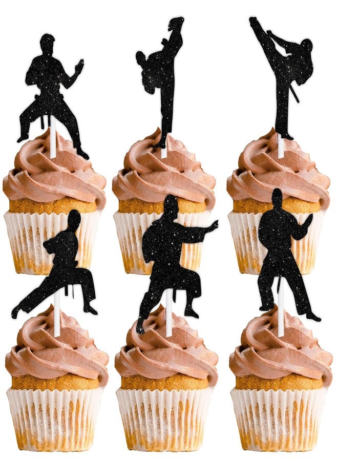 LETLIMIT 18pcs Black Glitter Silhouette Dessert Cupcake Topper Taekwondo Fitness Sports Theme Decor Supplies Men Boys Happy Birthday Anniversary Party Decorations - Image 1
