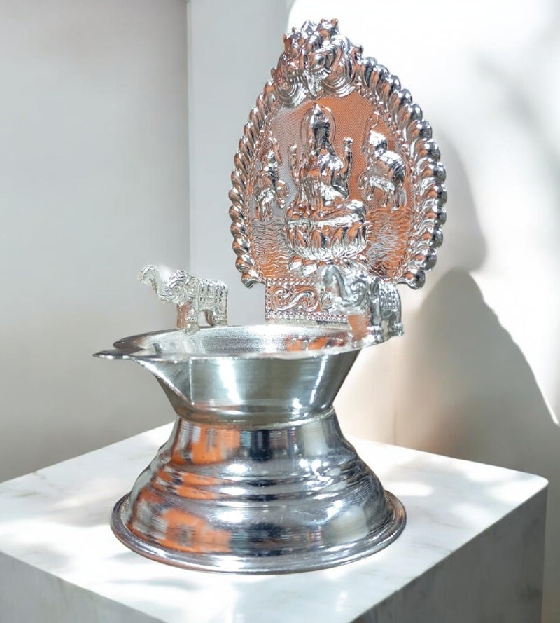 Sigaram 5.5 Inch German Silver Kamakshi Diya/Gaja Lakshmi Diya for Home & Temple Pooja Decore K4658 - Image 4