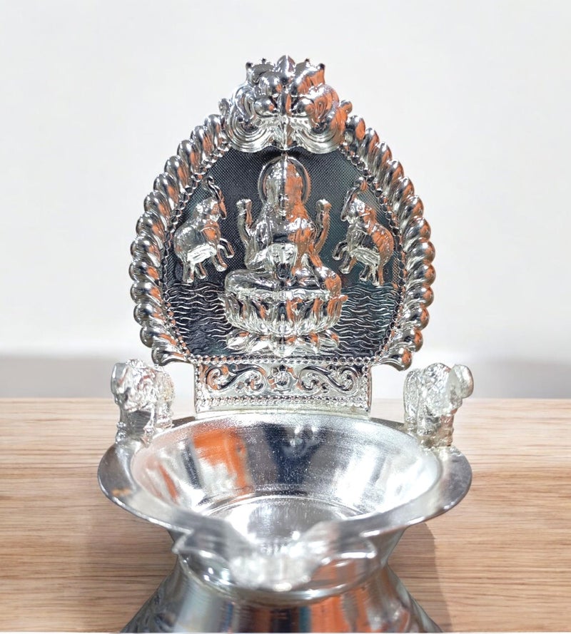 Sigaram 5.5 Inch German Silver Kamakshi Diya/Gaja Lakshmi Diya for Home & Temple Pooja Decore K4658 - Image 3
