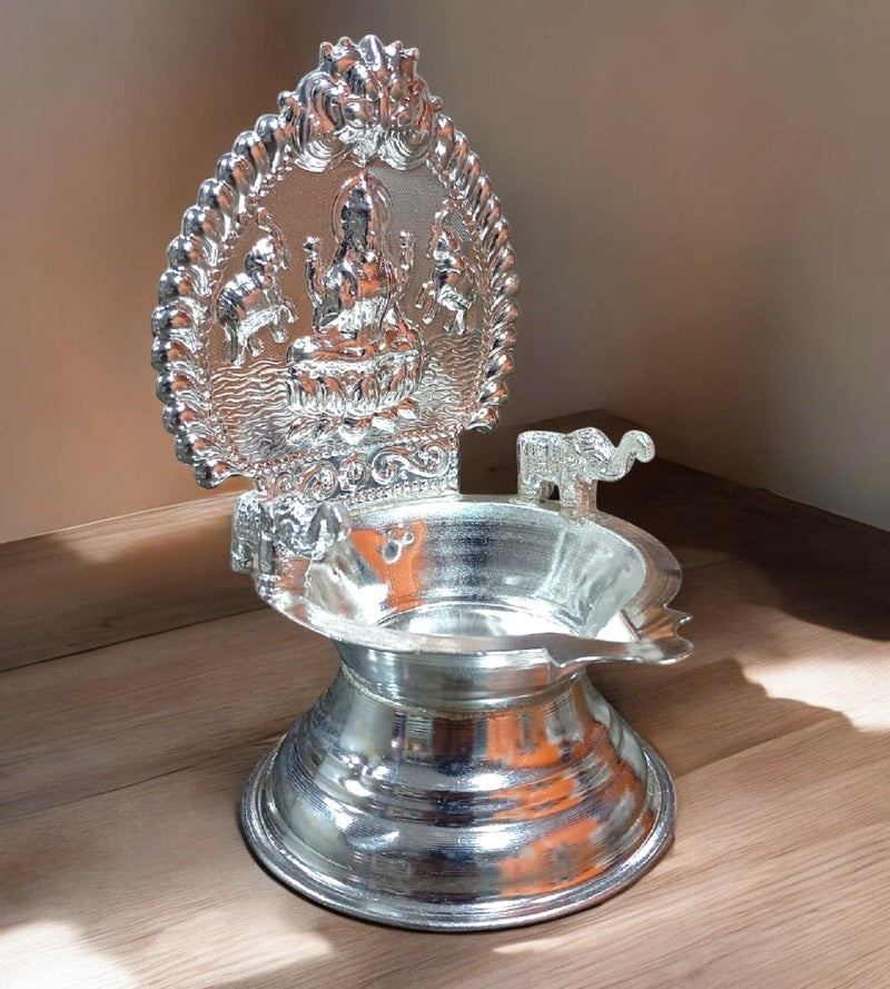 Sigaram 5.5 Inch German Silver Kamakshi Diya/Gaja Lakshmi Diya for Home & Temple Pooja Decore K4658 - Image 2