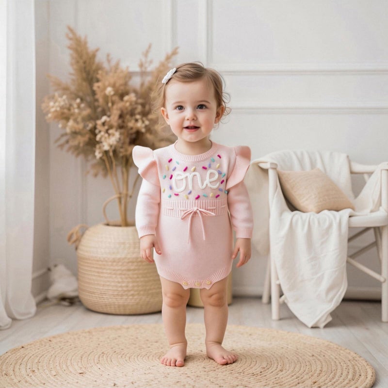 BULINGNA Baby Girl 1st 1/2 Birthday Outfit Long Sleeve Knit Letters Donut Embroidery Romper Sweater Fall Birthday Clothes (One, 12-18 Months) - Image 3