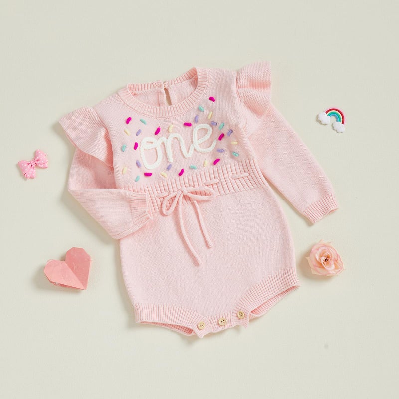 BULINGNA Baby Girl 1st 1/2 Birthday Outfit Long Sleeve Knit Letters Donut Embroidery Romper Sweater Fall Birthday Clothes (One, 12-18 Months) - Image 4