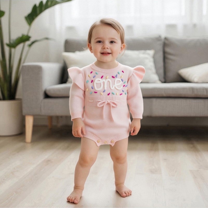 BULINGNA Baby Girl 1st 1/2 Birthday Outfit Long Sleeve Knit Letters Donut Embroidery Romper Sweater Fall Birthday Clothes (One, 12-18 Months) - Image 2